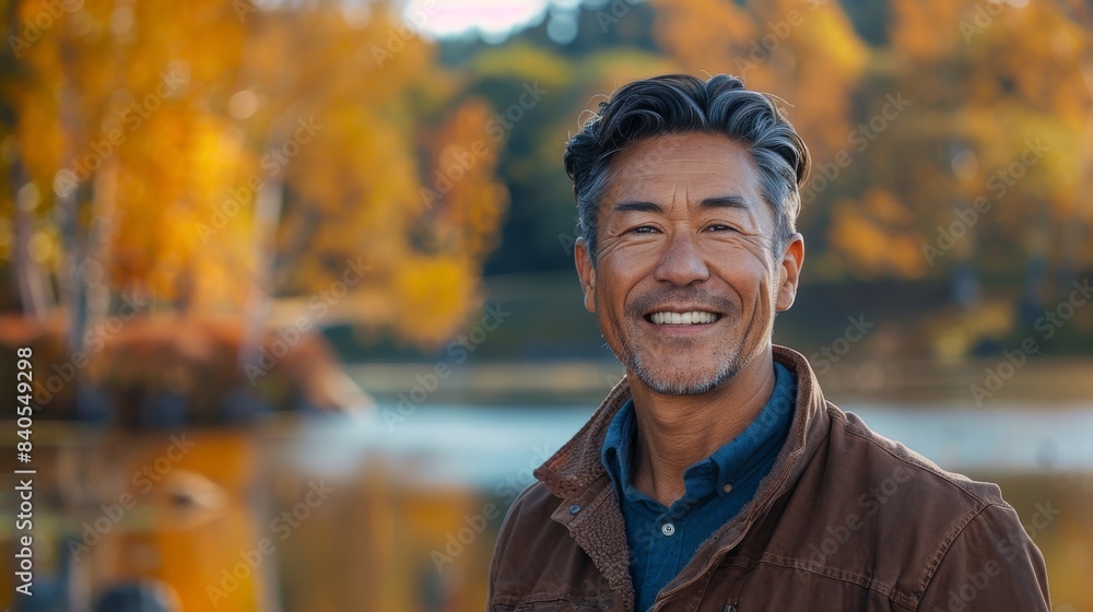 Wall mural a 50-year-old asian american man exudes joy and happiness in a natural park near a lake, a genuine s