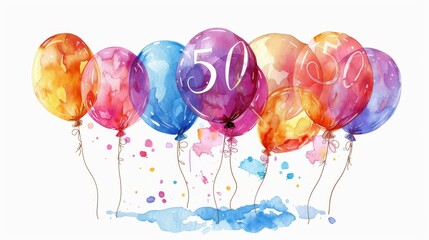 A watercolor illustration of 50 figures and balloons isolated on a white background represents a 50th birthday
