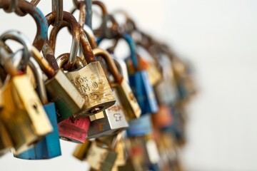 Realistic photograph of a complete Love locks,solid stark white background, focused lighting