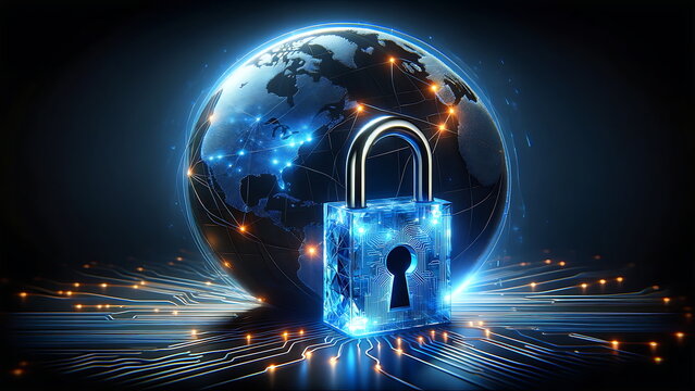 Global Cybersecurity, High-Tech Digital Padlock Protecting Worldwide Data Network