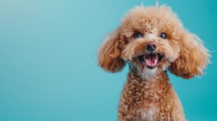 A brown poodle with curly fur smiles at the camera against a bright blue background.