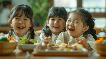 A happy, laughing couple of Asian elementary school students share a meal together