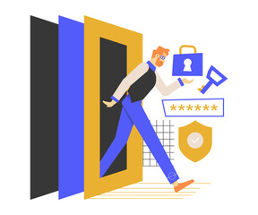 Male character with lock, key, password and shield. Safety banking, payment of bills, purchases. The cybersecurity specialist is doing his job. Concept vector flat illustration.