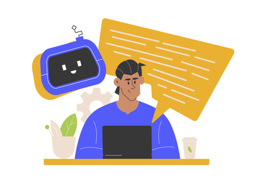 The guy makes a prompt to the neural network and receives a response. Using a chat bot and artificial intelligence in learning, work, searching and analyzing information. Vector flat illustration.