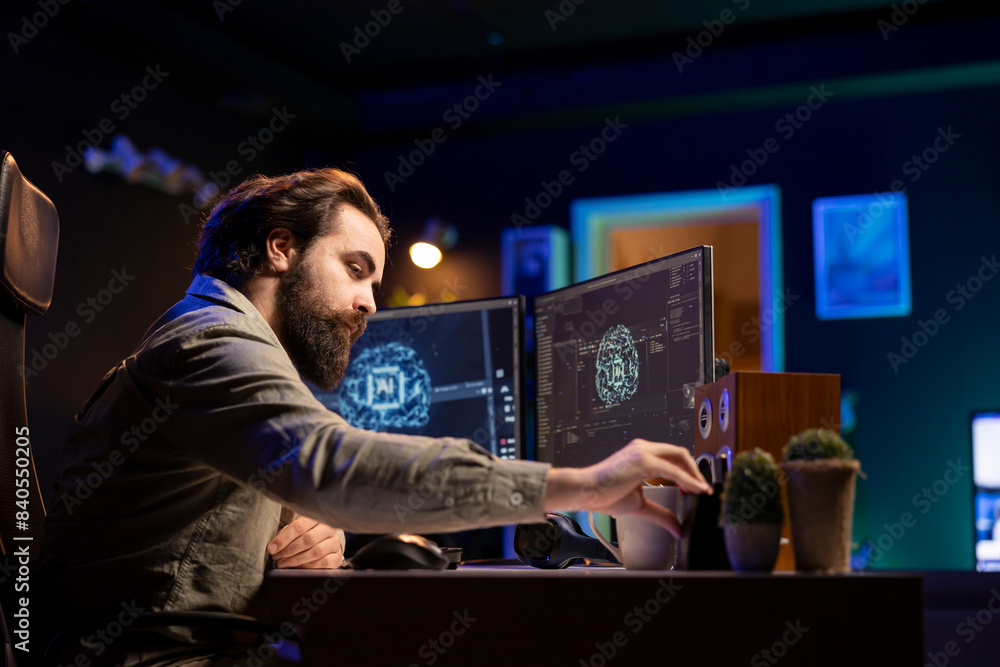 Poster man inserting classified disk into pc containing software turning ai into self aware being. scientis