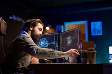 Man inserting classified disk into PC containing software turning AI into self aware being....