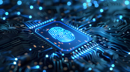 blue circuit board background with biometric scan icon in the center.