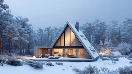 An A-frame cabin covered in snow in a forest during winter