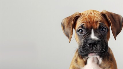Fototapeta premium A close-up portrait of a young Boxer puppy with brown and white fur, looking directly at the camera with large brown eyes.