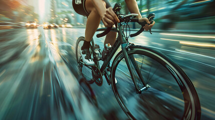 Naklejka premium Cyclist riding fast a road bike with blurred city on background