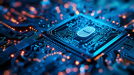 blue circuit board background with biometric scan icon in the center.
