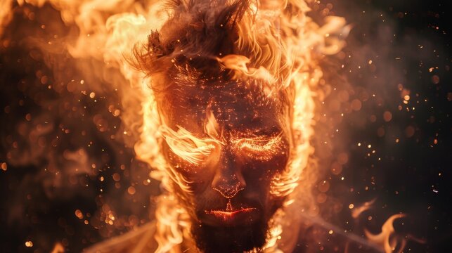 An immolated man burning in flames or a burning fire hazard