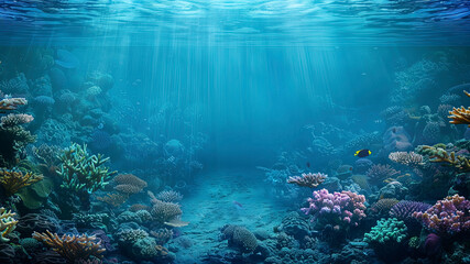 coral blue water in the ocean, oceanic view, underwater life scene, coral blue background