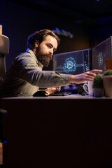 Villainous hacker inserting disk in computer containing evolved sentient AI, planning to use it for...