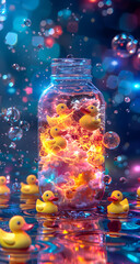 christmas tree in the water , winter, snow, ball, bottle, light, water, ornament, card, new ai generative 