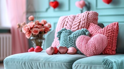 Pink and red hearts with copy space background decorate the interior of a living room with a sofa for Valentine's Day.