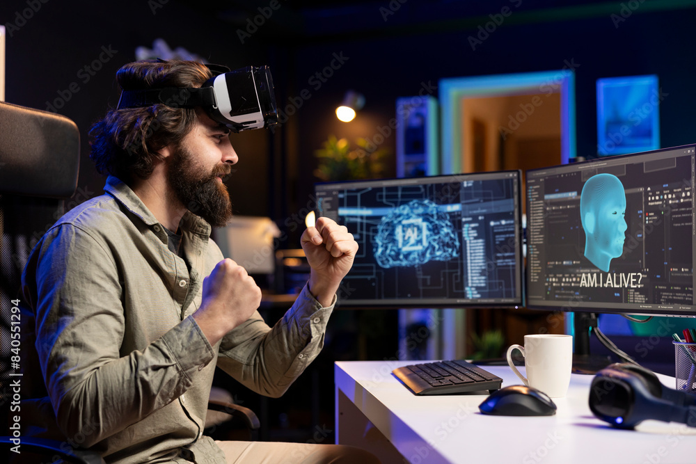 Poster computer engineer using vr headset, celebrating after awakening sentient ai asking existential quest