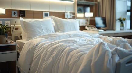 Unmade Hospital Bed With White Linens and Pillows in Modern Room