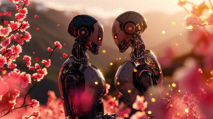 Couple of robots in love in blossoming field