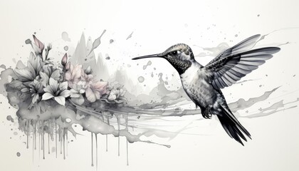 Hummingbird and nectar flat design side view feeding water color black and white