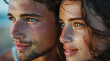 Beautiful young French couple in love with closeups showing details of their faces.