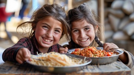 Two elementary school students enjoying a meal together, their faces beaming with joy and laughter