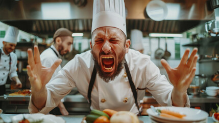 Angry chef yelling at his colleagues. Heavy stress, work against the clock