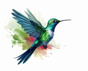 Fototapeta premium Hummingbird pollinators flat design, side view, wildlife theme, watercolor, monochromatic color scheme