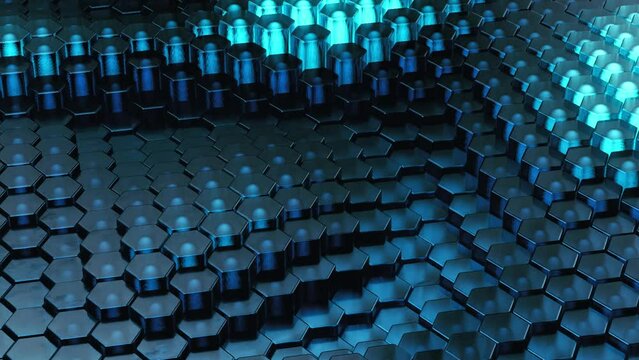 Looped 3d animation of hexagonal grid with wave-like moving up and down elements in it. Blue hexagonal grid made from glass with emission light inside each elements