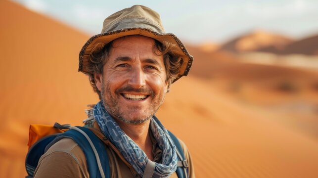 A portrait of a mature man on adventure vacations in the desert. His smiling face shows how much he is enjoying the experience