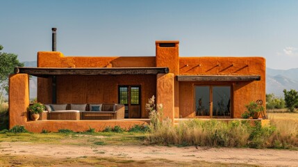 House with flat roofs and earth-toned exterior, made from sun-dried clay bricks