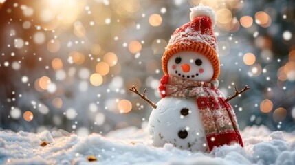 Holiday Christmas background banner with cute laughing snowman in wool hat and scarf, with snowy snowscape and bokeh lighting