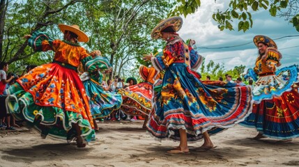 group of women dancing in traditional Caribbean folk clothing at a festival