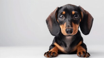 A black and tan dachshund puppy sits looking directly at the camera, with a curious expression on its face. The puppys large ears are flopped to the side, and its paws are resting on a white surface. - Powered by Adobe