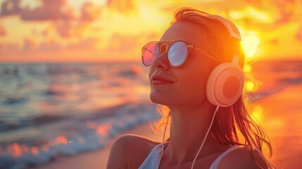 Sunset beach view of a fashionable girl wearing headphones and sunglasses at the end of the summer