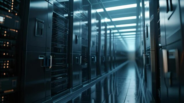 A sleek and advanced data center corridor with rows of illuminated server racks, showcasing the backbone of modern digital infrastructure and technology.