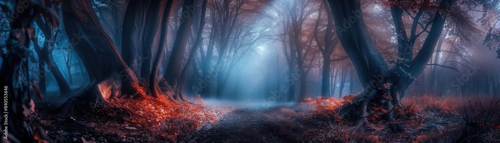 Poster ethereal forest with fog and magical light filtering through autumn leaves, creating a mystical and 