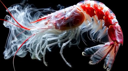 Close-up of stunning red and white shrimp against a black background, showcasing intricate details of the marine creature's form and texture.