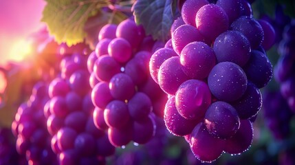 Close-up of vibrant purple grapes hanging on a vine in a sunlit vineyard, with dew drops glistening in the warm morning light.
