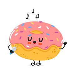 Doughnut sings into a microphone character. Vector hand drawn cartoon kawaii character illustration icon. Isolated on white background. Doughnut character concept