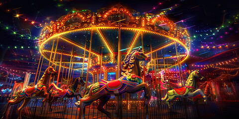 Musical Carousel: Music Notes Adorning a Colorful Carousel with Whimsical Creatures and Lights