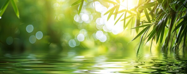 The reflection of the water on the bamboo background looks like a lush jungle landscape