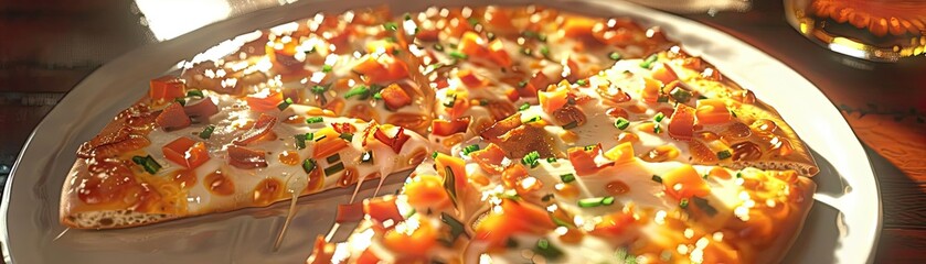Delicious, freshly baked pizza on a white plate. Topped with cheese, vegetables, and meat. Perfect for a tasty meal or snack.