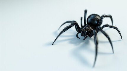 Fototapeta premium Close-up of a black spider on a light surface, highlighting its detailed legs and realistic texture in a minimalist setting.