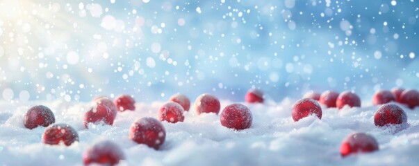 Obraz premium Snow covered with red balls and snowflakes during Christmas