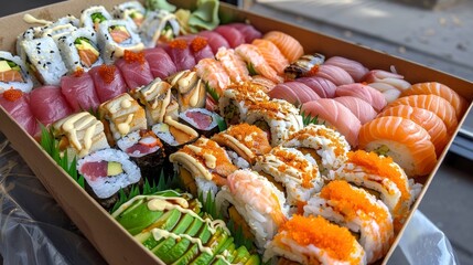 A colorful assortment of various sushi rolls displayed in a takeout box, featuring fresh ingredients and vibrant presentation.