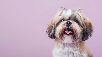 A cute Shih Tzu dog with a happy expression sits against a light pink background. The dogs tongue is sticking out, and its eyes are bright.