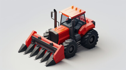 Fototapeta premium A detailed illustration of a red tractor with a front loader attachment, set against a plain white background, showcasing agricultural machinery.