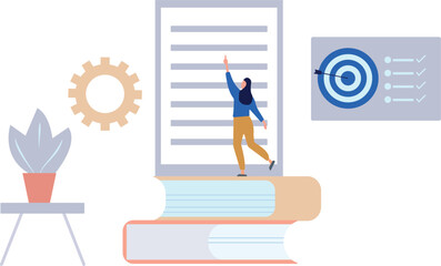 A girl is reading a document.