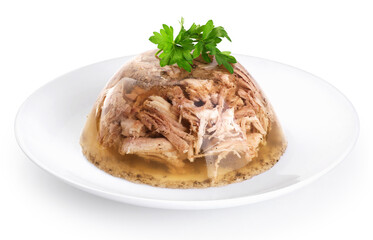 Aspic jellied meat in a plate on a white background. Jellied pork with parsley.